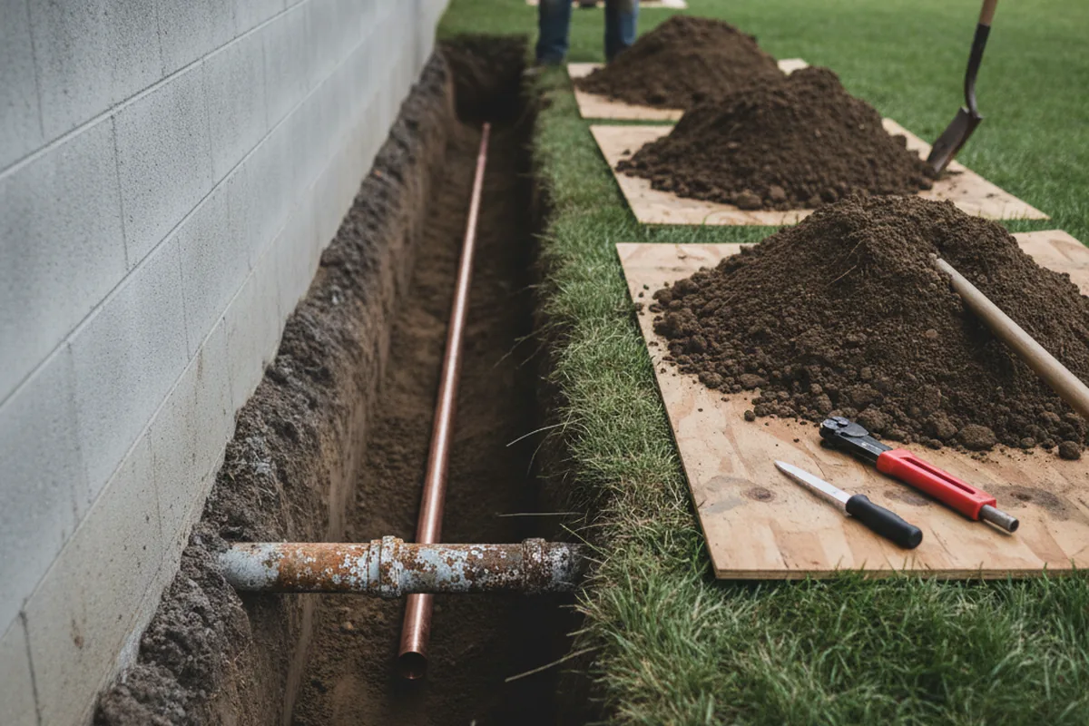 Excavated water line trench during Water Softener Installation in Basin